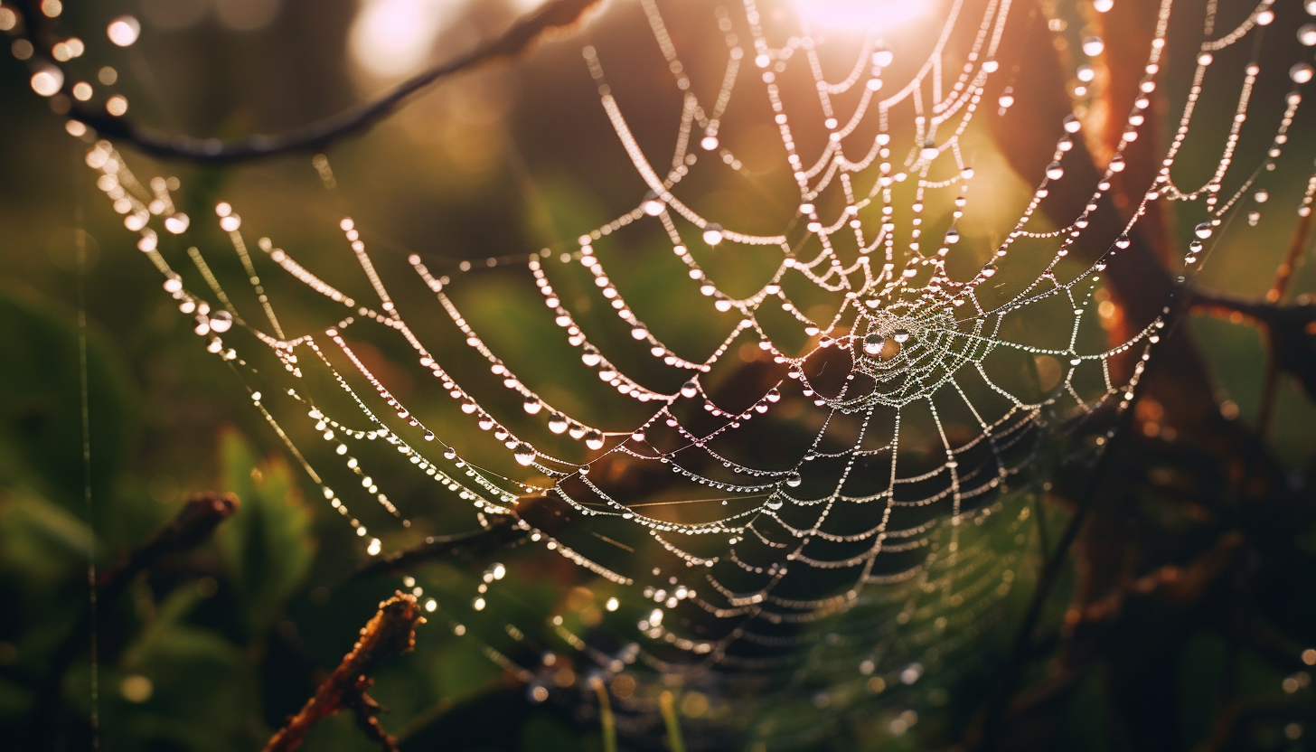 Dew-covered cobwebs glittering in the morning sun.