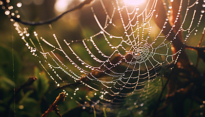 Dew-covered cobwebs glittering in the morning sun.