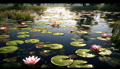 A tranquil pond with floating lotus flowers.