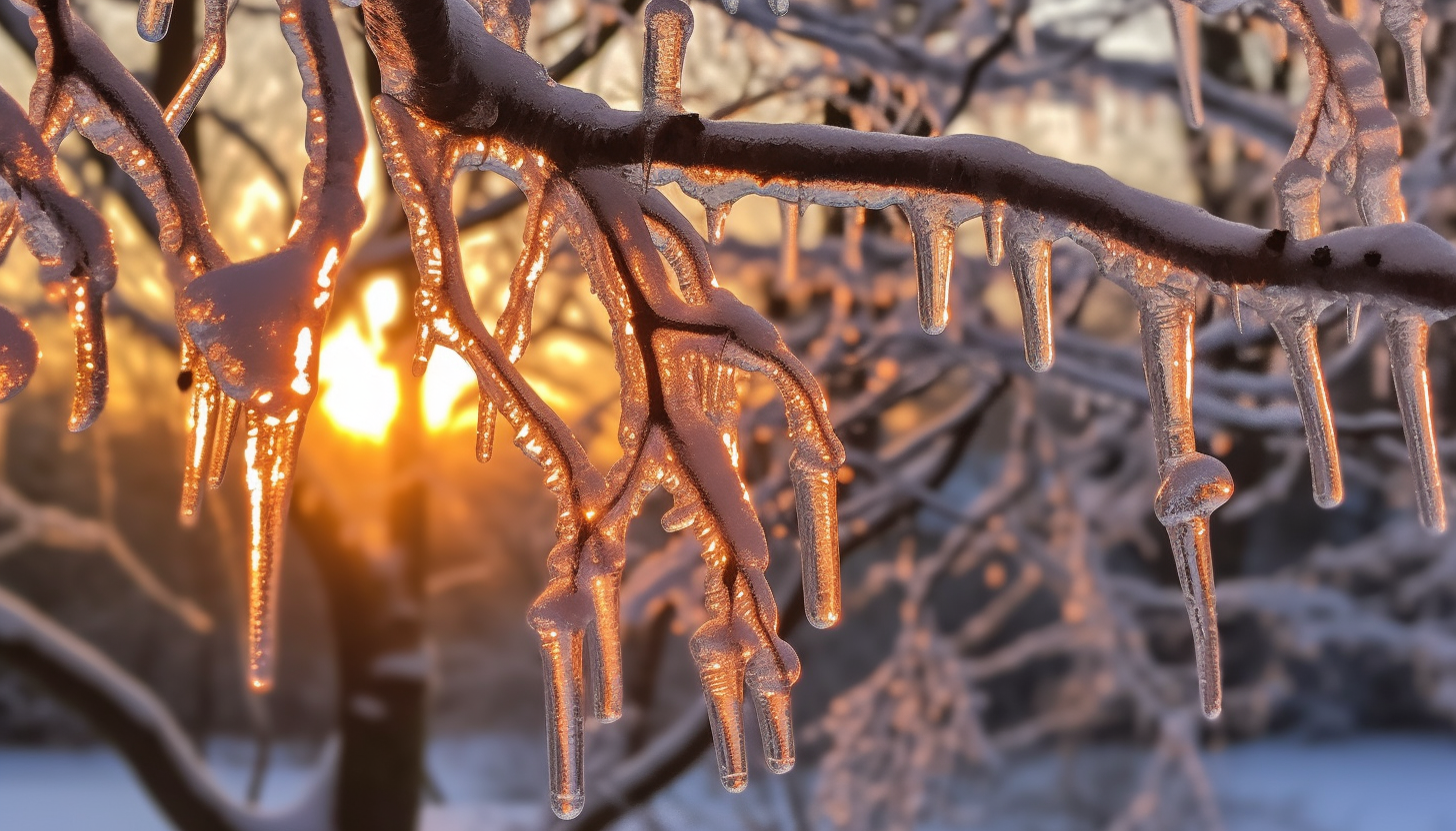 Glistening icicles hanging from a frozen tree branch.