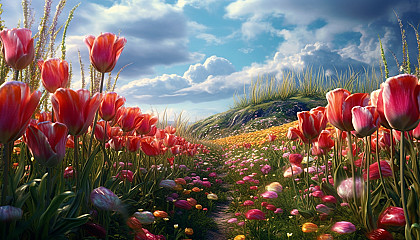 A field of tulips swaying under a breezy sky.