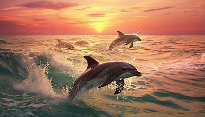 A family of dolphins leaping in unison across ocean waves.