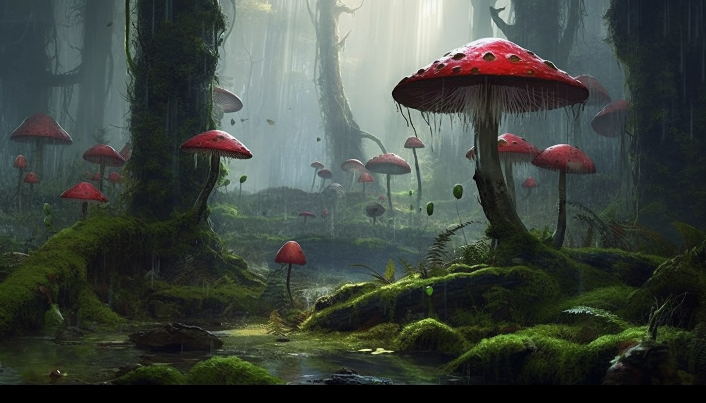 Exotic fungi and moss thriving in a damp forest.