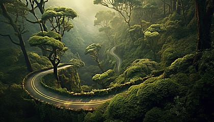 A long winding road through a dense forest.