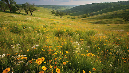 Rolling hills and meadows blanketed in wildflowers or tall, swaying grasses.