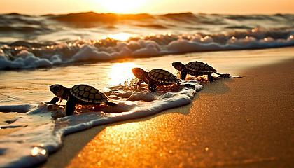 Hatching sea turtles making their way to the ocean.