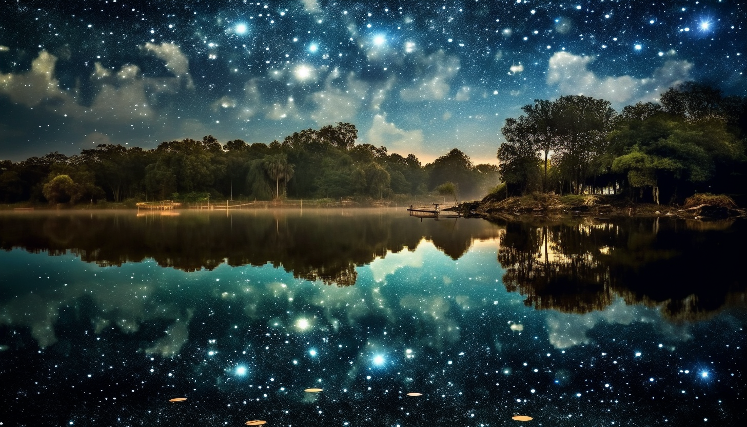 A constellation mirrored in a still lake at night.