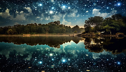 A constellation mirrored in a still lake at night.