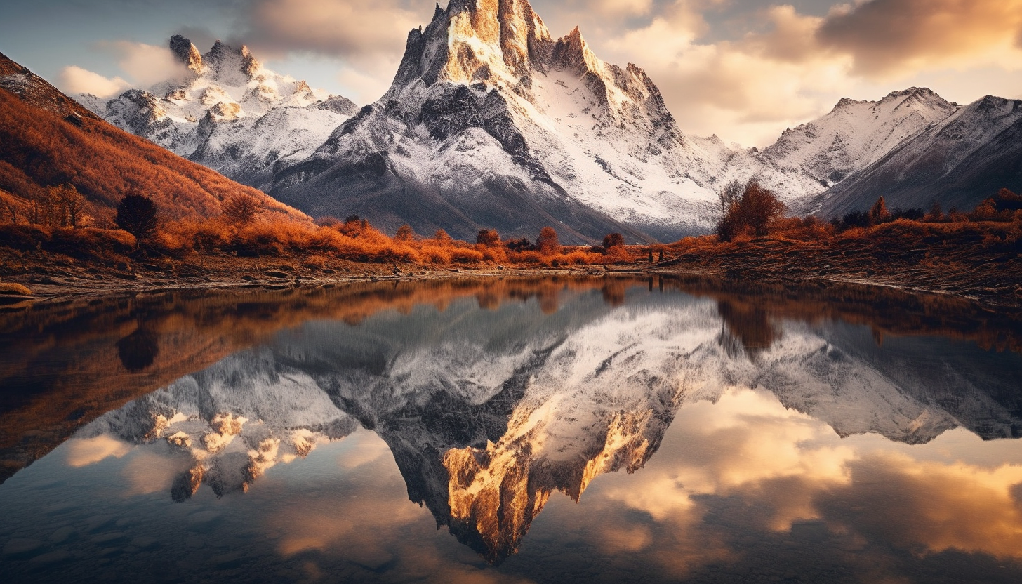 Reflection of a mountain range on the mirror-like surface of a lake.