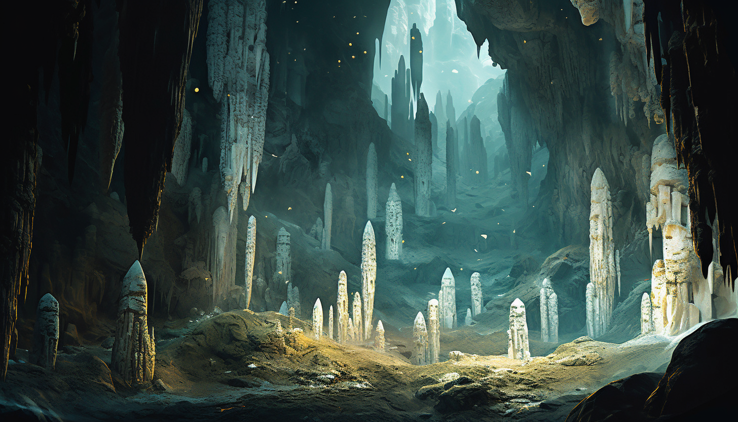 A cavern with intricate stalactite and stalagmite formations.