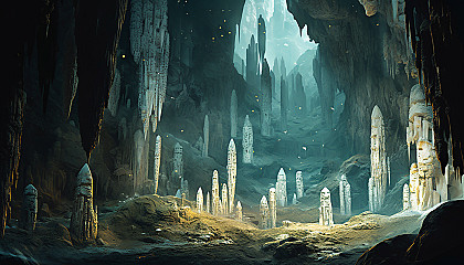 A cavern with intricate stalactite and stalagmite formations.