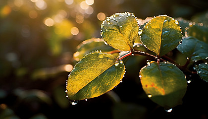 Dew-kissed leaves shimmering in the morning sunlight.