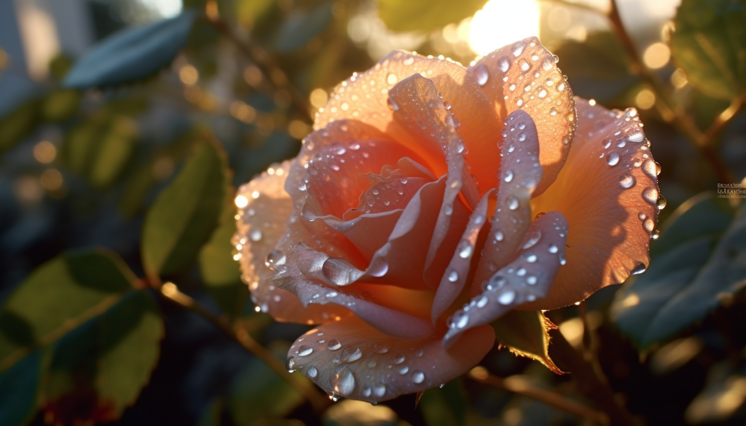 Dewdrops sparkling on the petals of a rose in the early morning light.