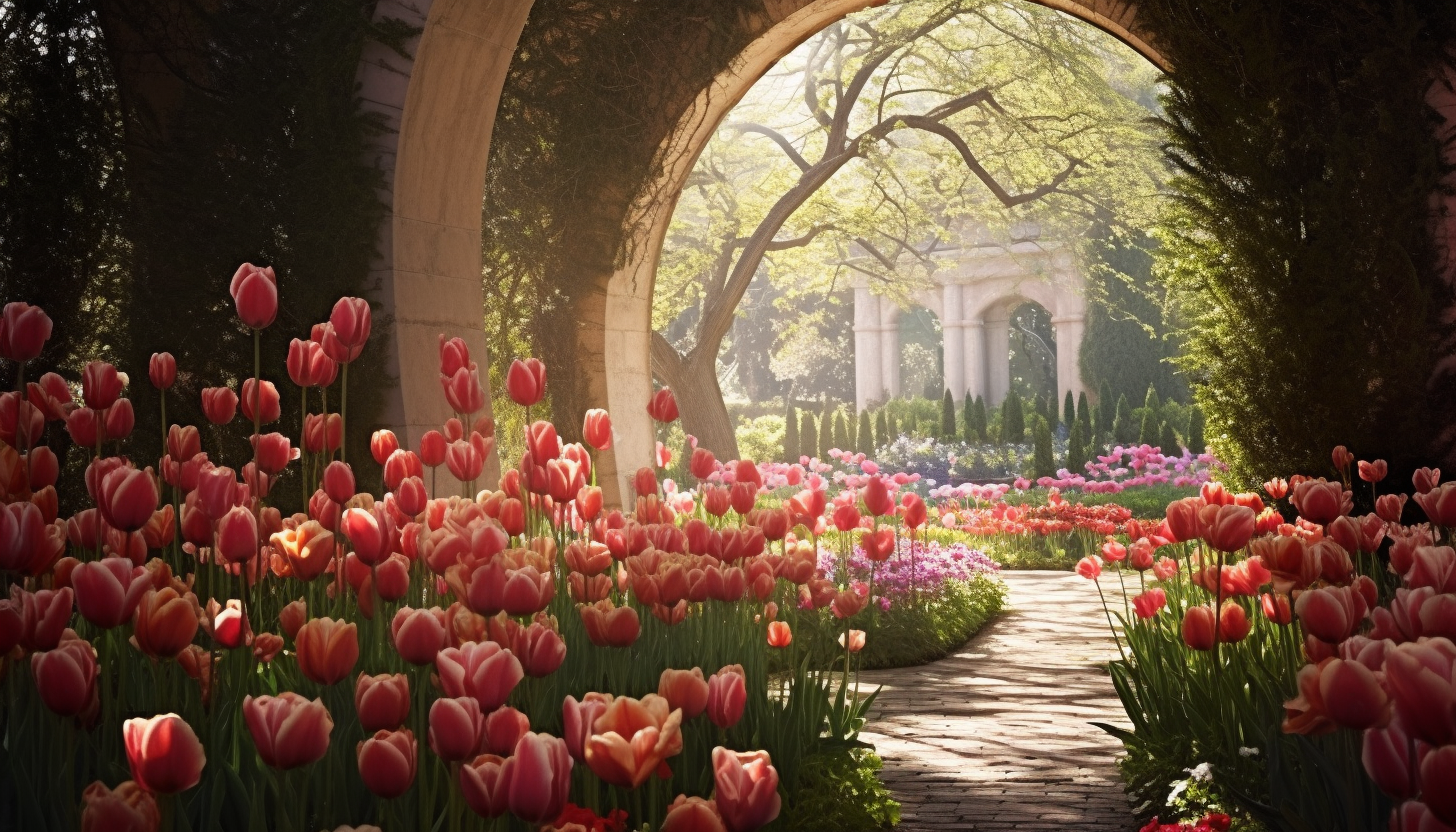 An arch of brilliantly colored tulips swaying in a gentle breeze.