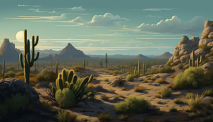 A quiet, moonlit desert with cacti casting long shadows.
