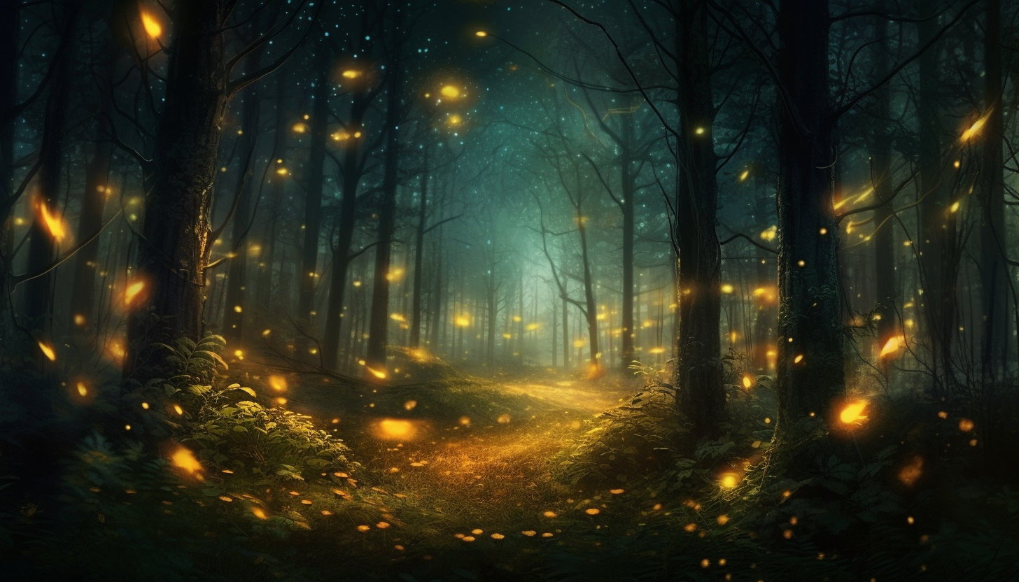 Fireflies illuminating a dark forest at dusk.