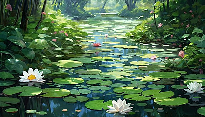 A tranquil pond covered with blooming water lilies.