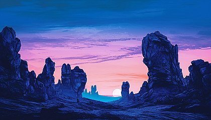 Unusual rock formations silhouetted against a twilight sky.