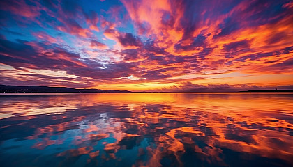 A fiery sunset mirrored on a calm sea.