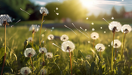 Dandelion seeds floating in the breeze over a sunny meadow.