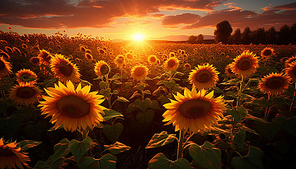 A vast field of sunflowers turning towards the sun.