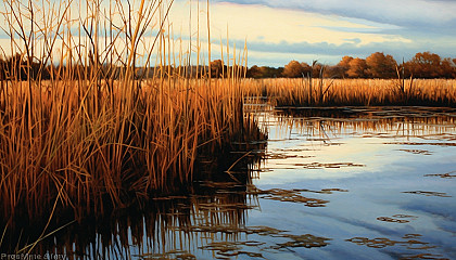 A quiet marsh filled with reeds, with a mirror-like surface reflecting the sky.