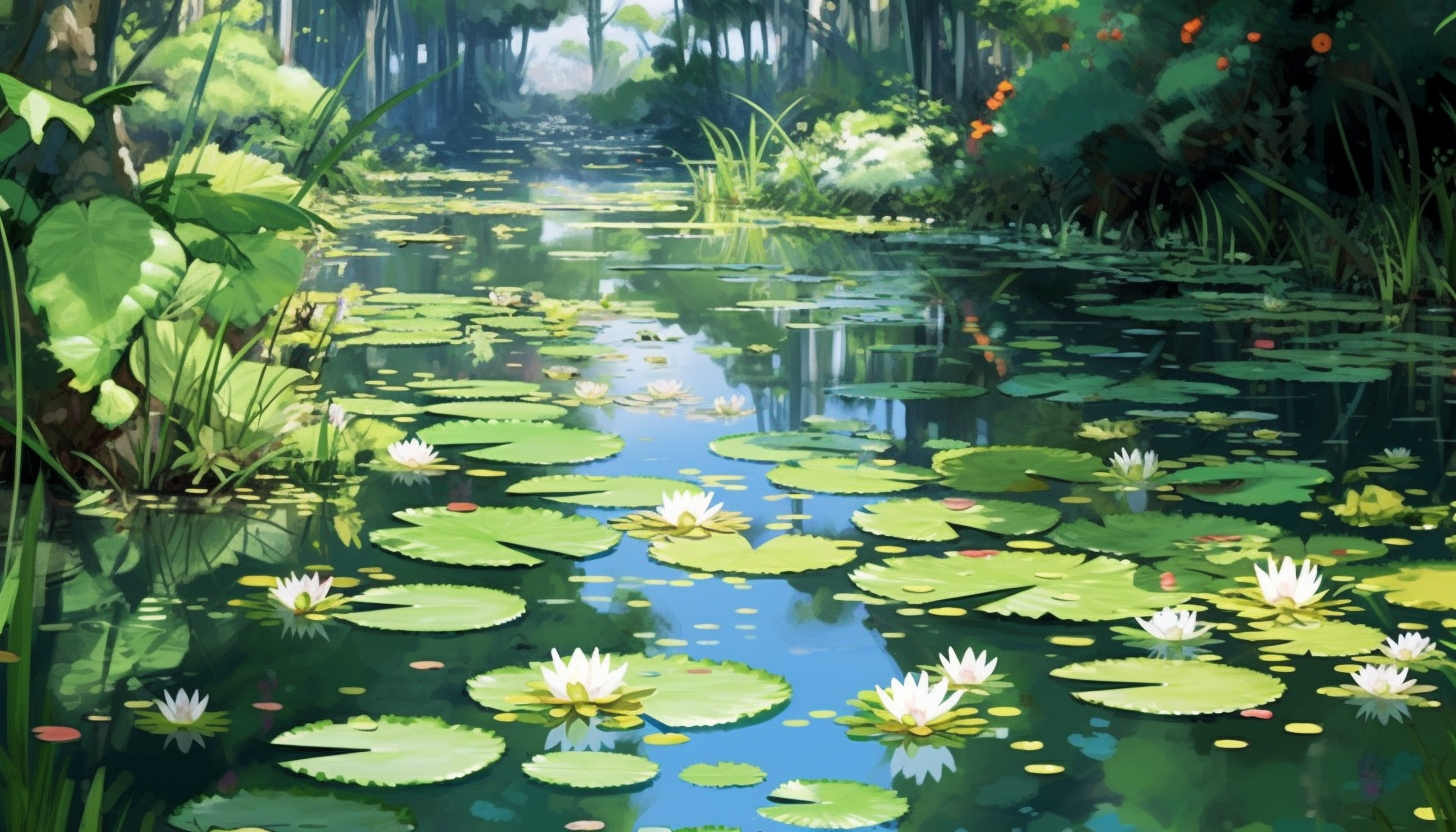 A tranquil pond filled with water lilies in full bloom.