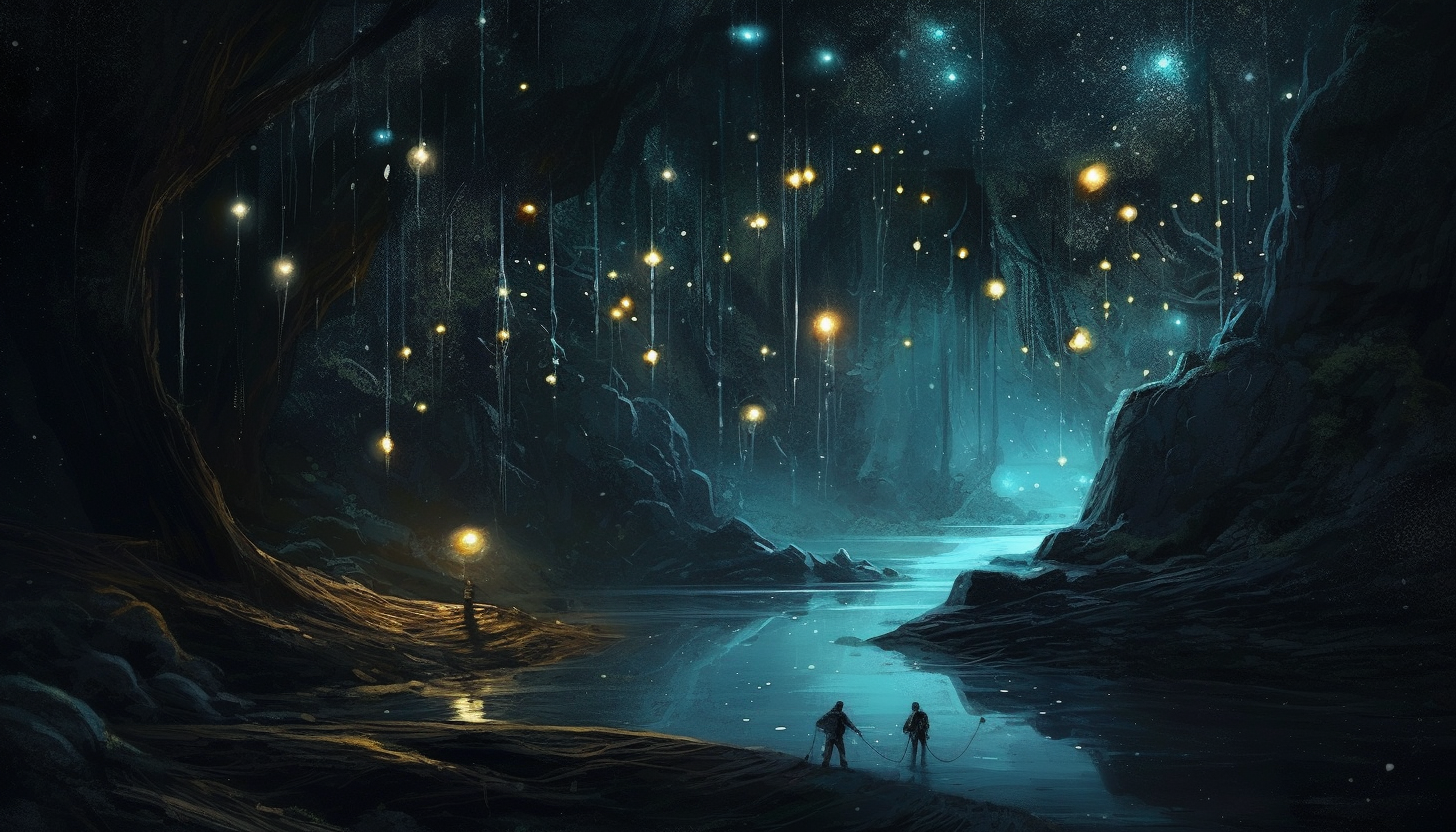 A constellation of glowworms illuminating a dark cave.