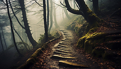 A winding path disappearing into a forest shrouded in fog.