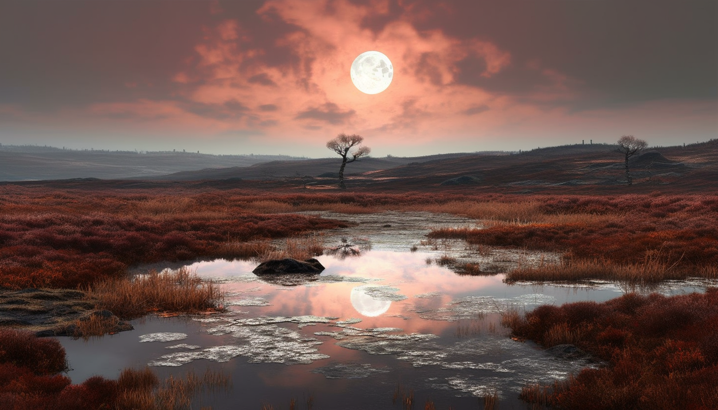 The full moon illuminating a tranquil moorland.