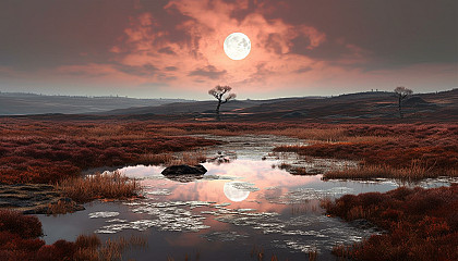 The full moon illuminating a tranquil moorland.