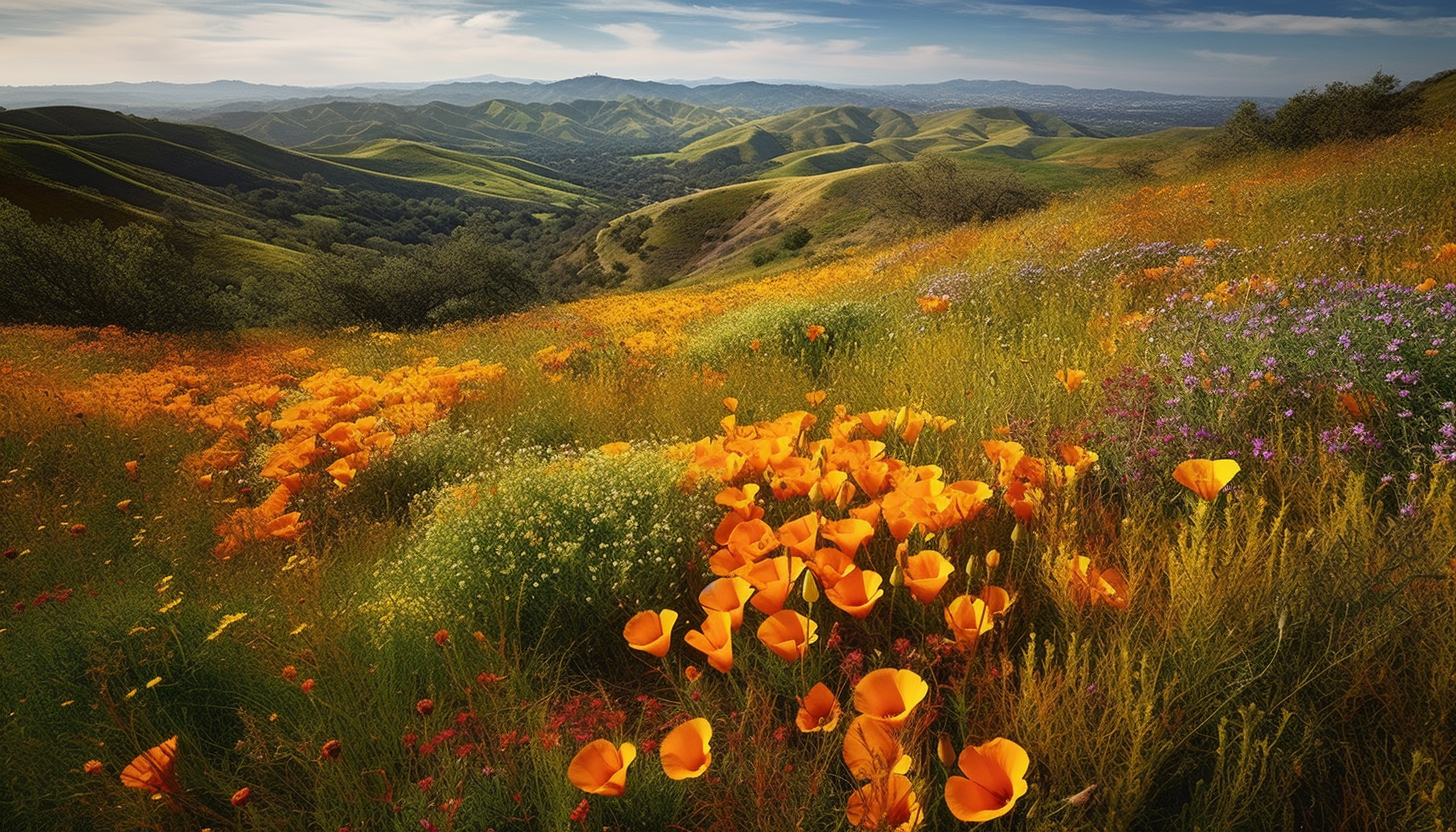 Rolling hills with fields of vibrant wildflowers in bloom.