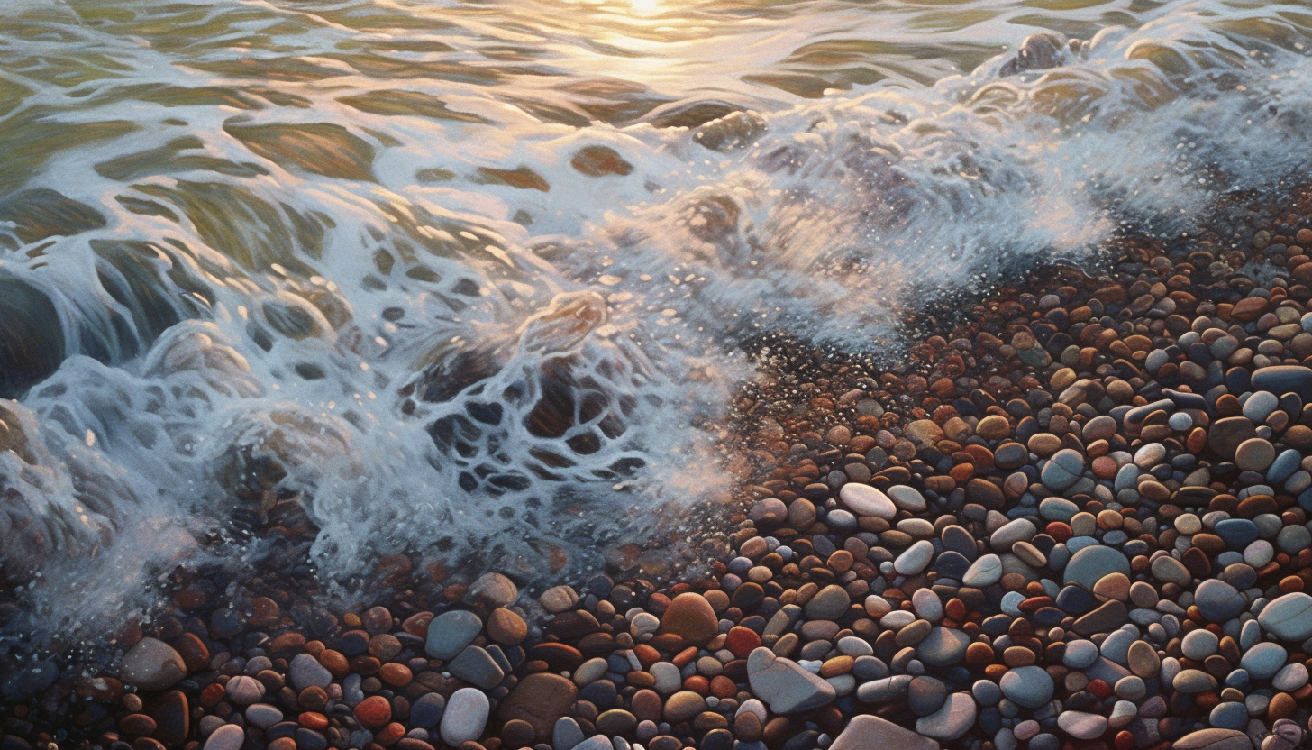 Gentle waves lapping the shore of a pebbled beach.