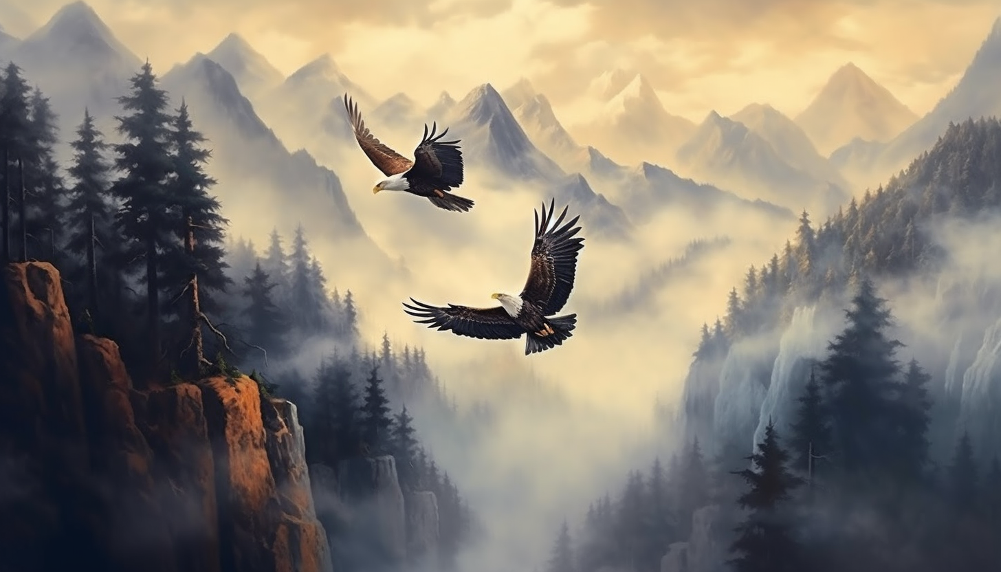 Majestic eagles soaring above misty mountain peaks.