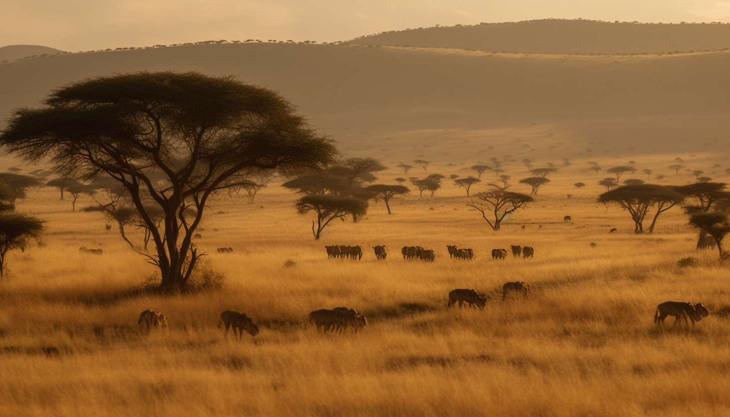 Sweeping savannah landscapes with diverse wildlife and acacia trees.