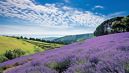 A hillside teeming with lavender in bloom, stretching as far as the eye can see.