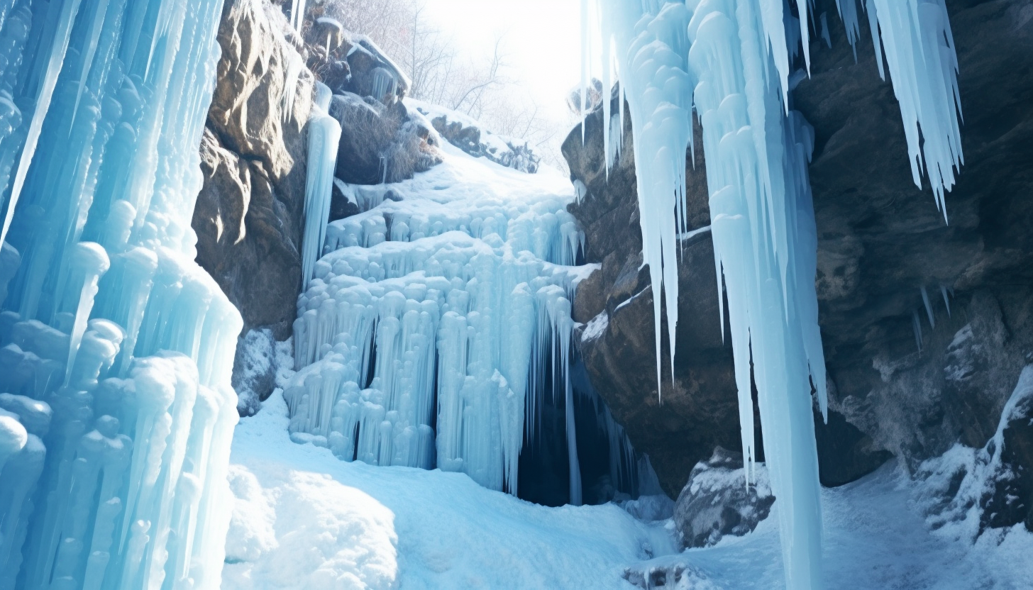 A cluster of icicles hanging from a snowy cliff.