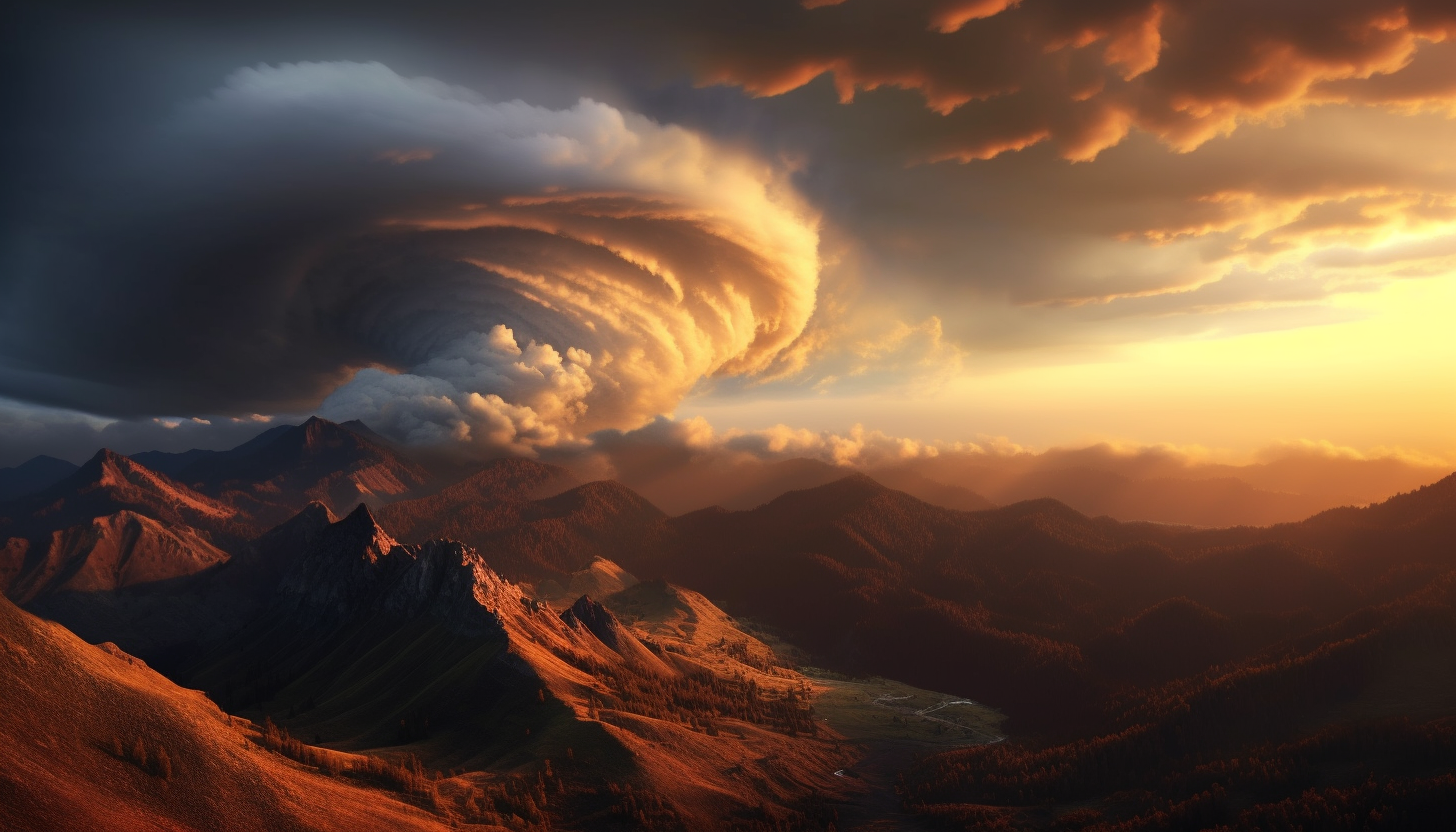Dramatic cloud formations rolling over a mountain range at sunset.