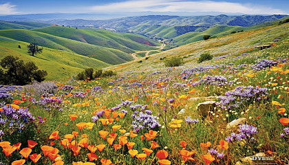 A hillside speckled with the vibrant colors of wildflowers.