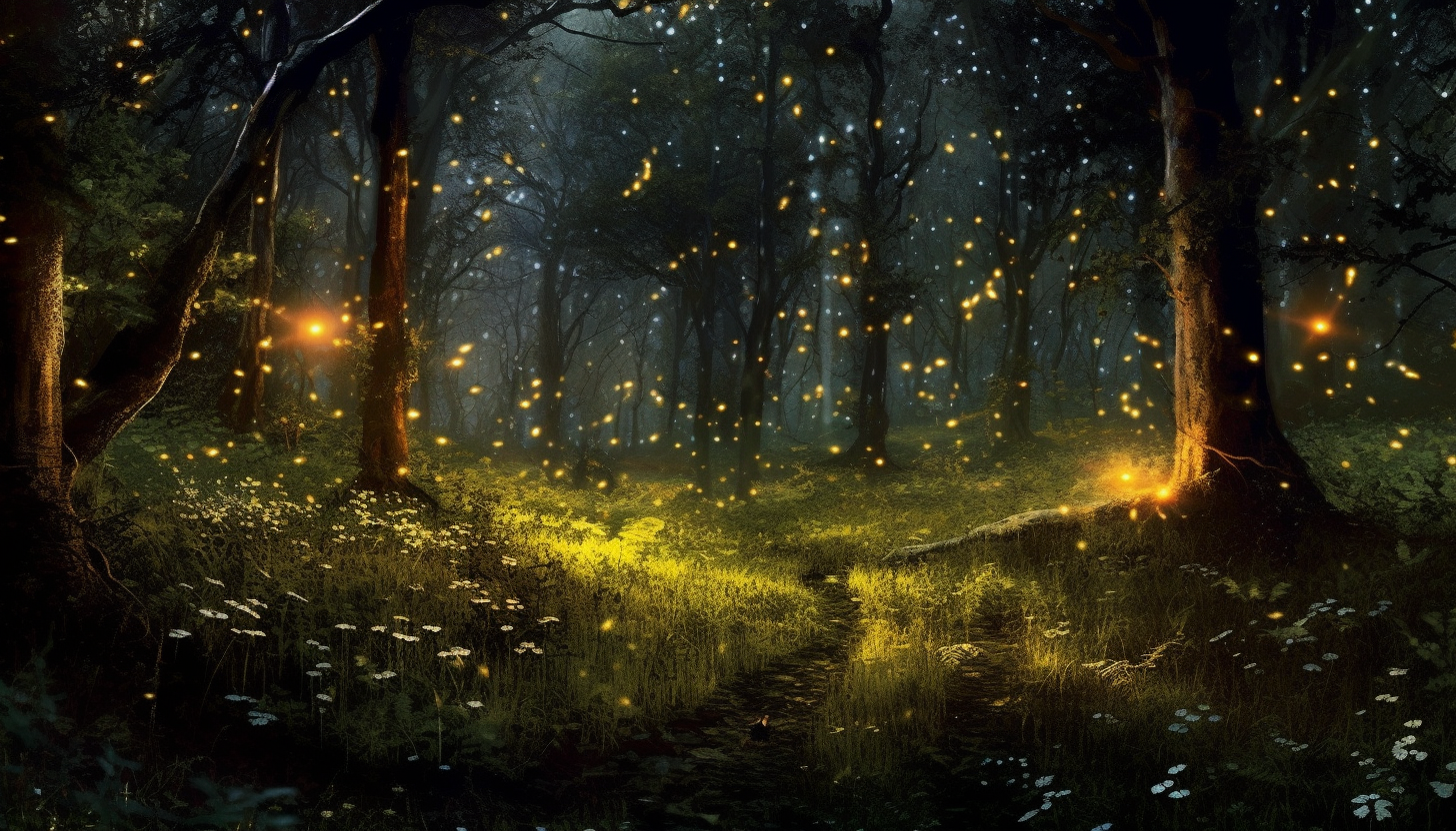 Fireflies twinkling in a dusky woodland.