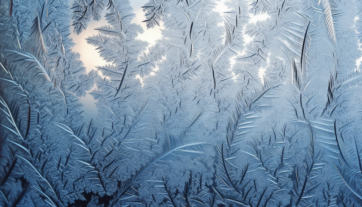 Intricate frost patterns on a window during a chilly winter morning.