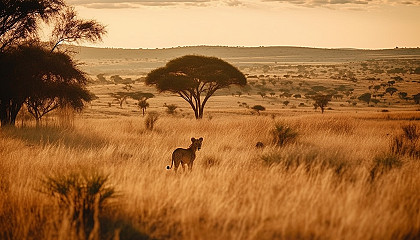 Sweeping savannah landscapes with diverse wildlife and acacia trees.