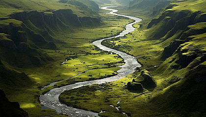 A meandering river cutting through a lush green valley.