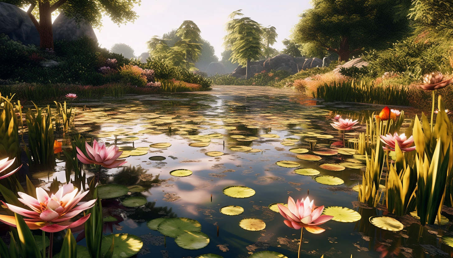 A tranquil lily pond dotted with blooming flowers.