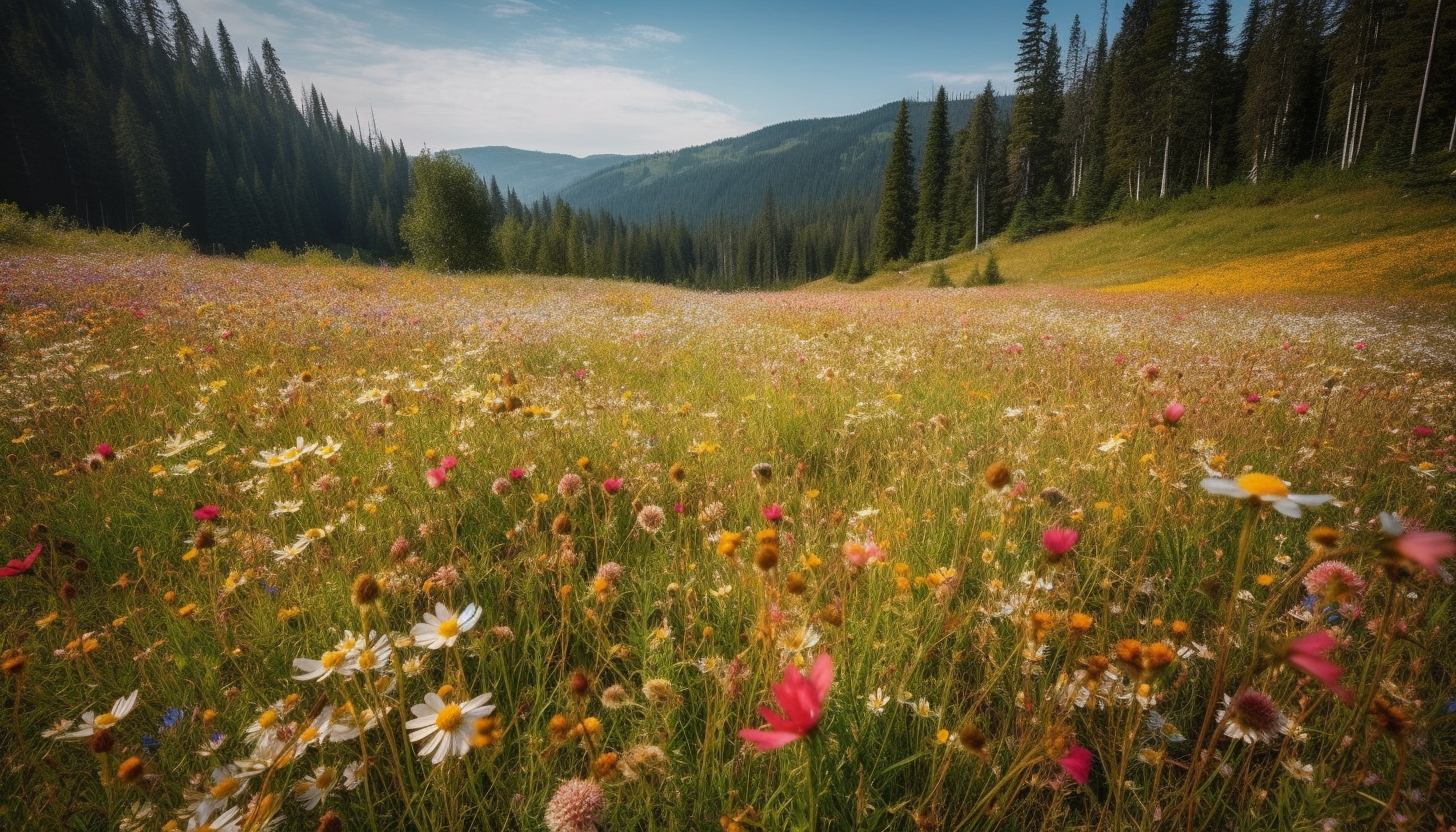 Picturesque meadows with a multitude of blooming wildflowers.