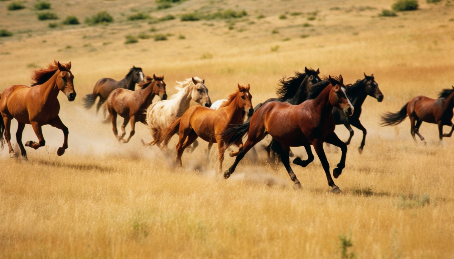 Wild horses galloping freely across vast grasslands.