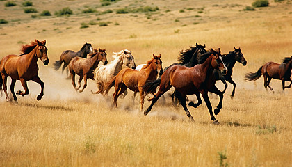 Wild horses galloping freely across vast grasslands.