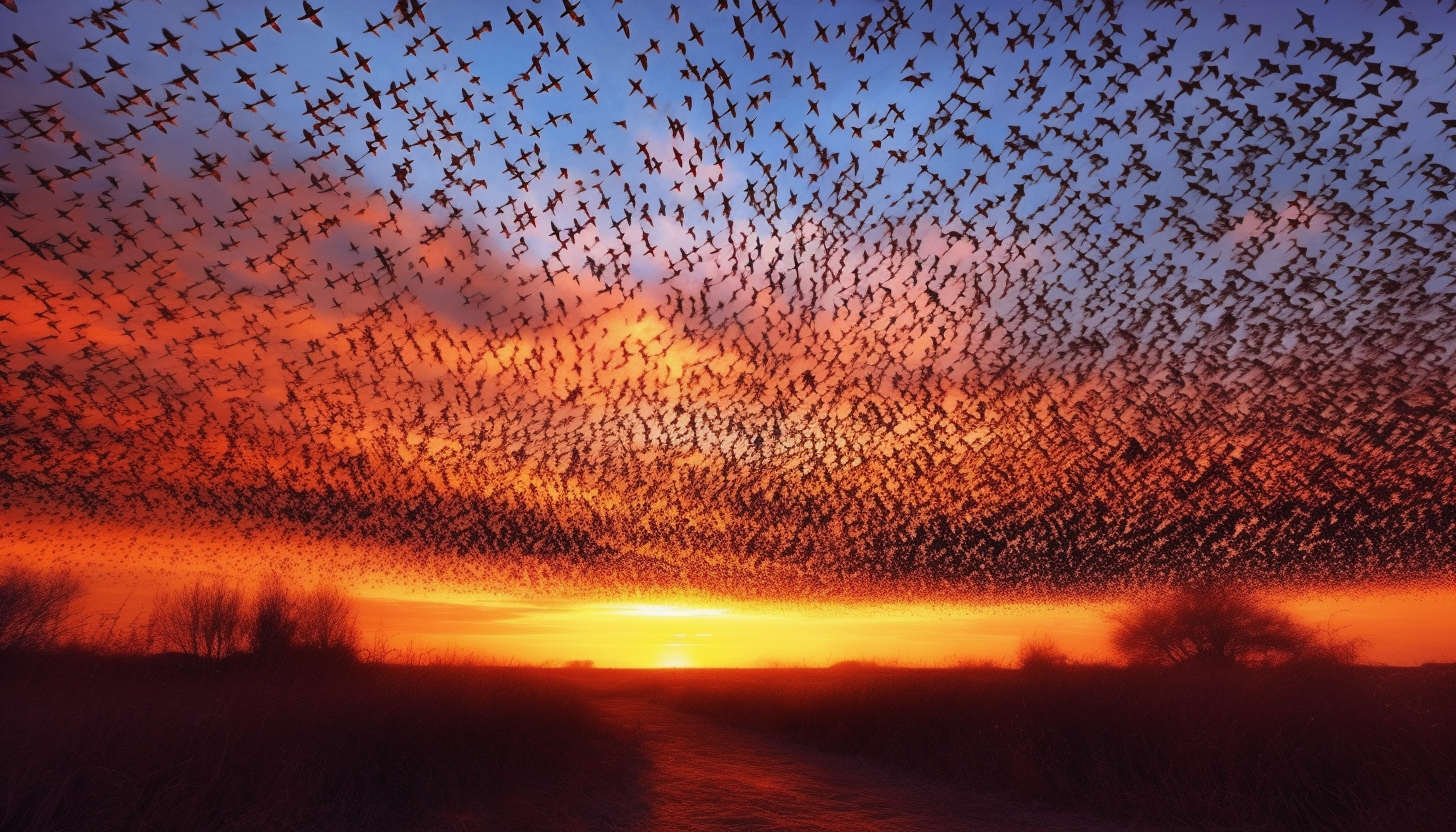 A murmuration of starlings creating fluid shapes in the sky.