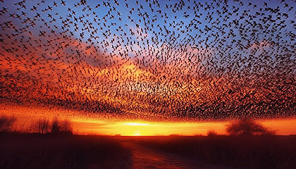 A murmuration of starlings creating fluid shapes in the sky.