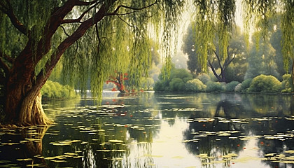 A grove of weeping willows by a calm lake.